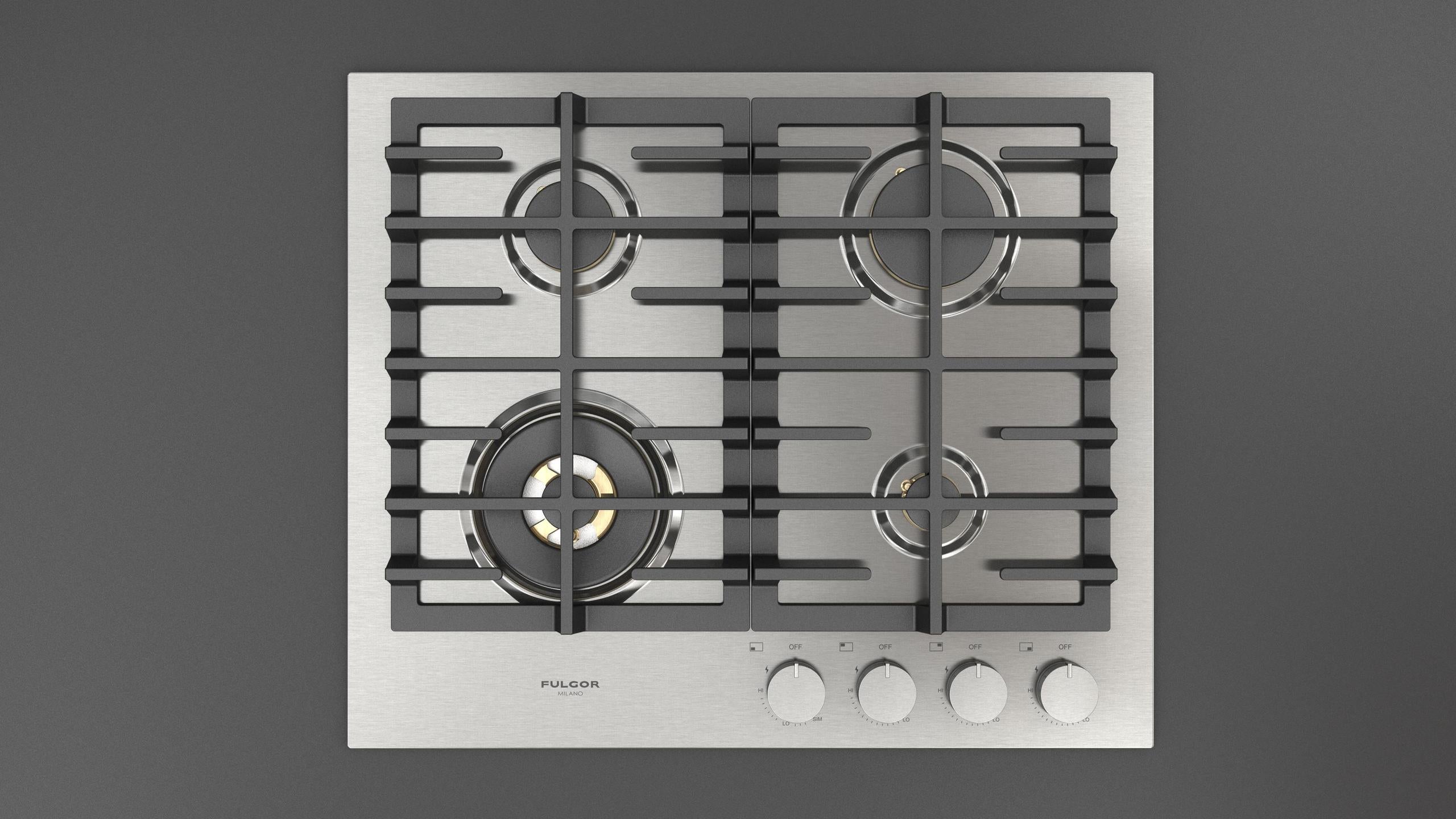 Fulgor Milano F4MGK24S1 24 Inch Matteo 400 Series Gas Cooktop, 4 Brass Burners: Stainless Stainless Steel