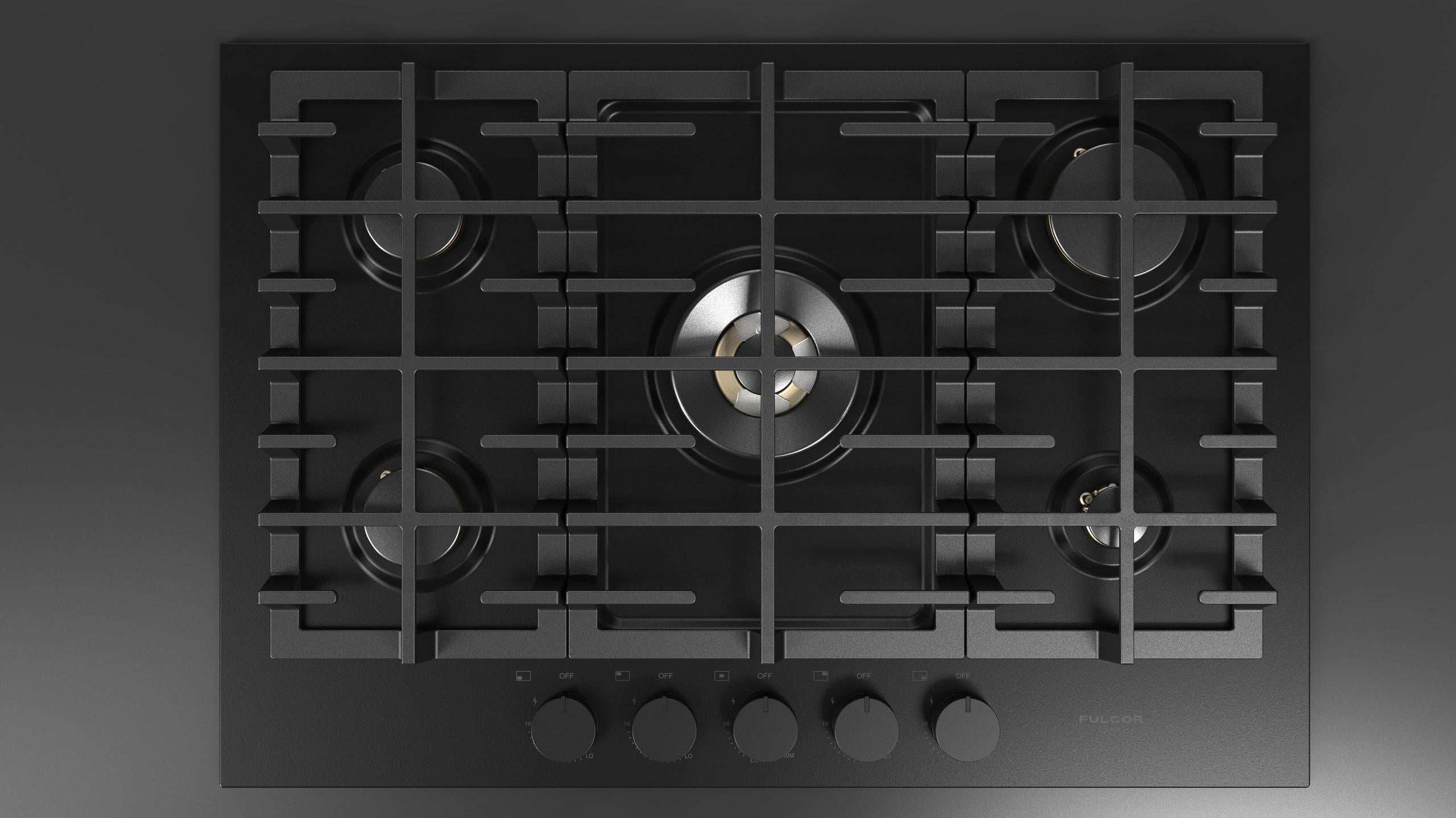 Fulgor Milano F4MGK30MB1 30 Inch Matteo 400 Series Gas Cooktop, 5 Brass Burners: Matte Matte Black