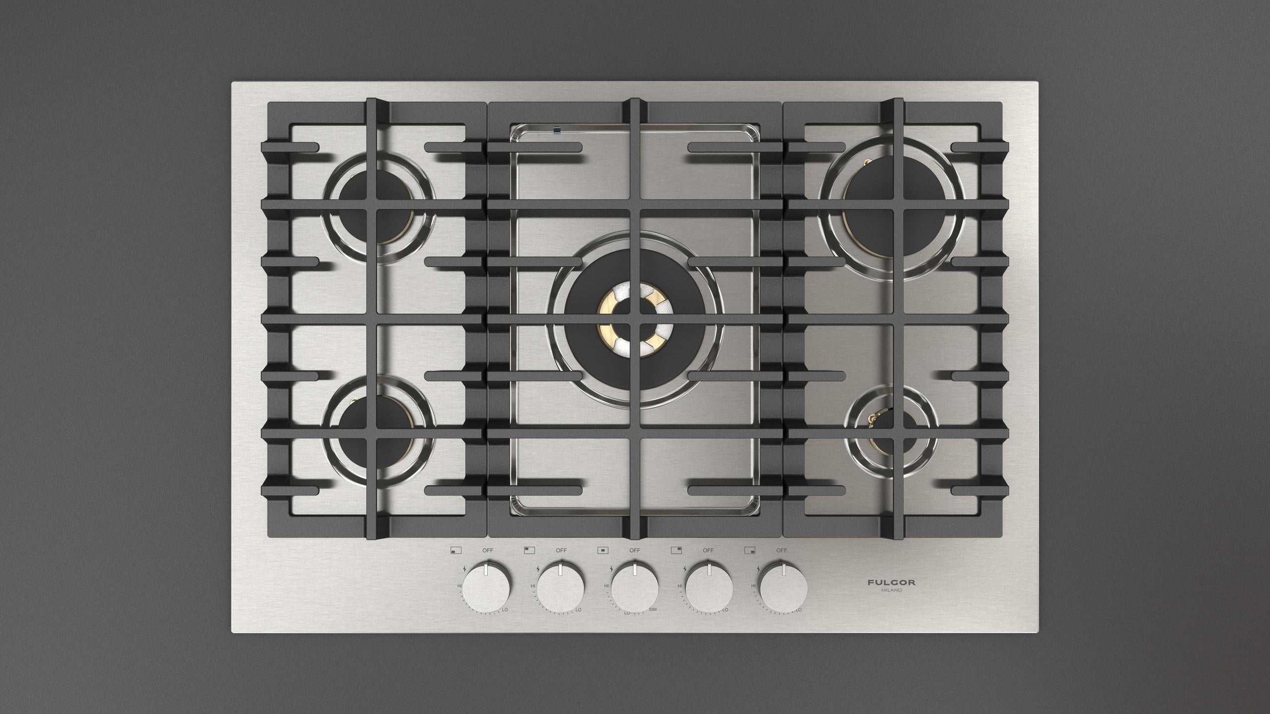 Fulgor Milano F4MGK30S1 30 Inch Matteo 400 Series Gas Cooktop, 5 Brass Burners: Stainless Stainless Steel