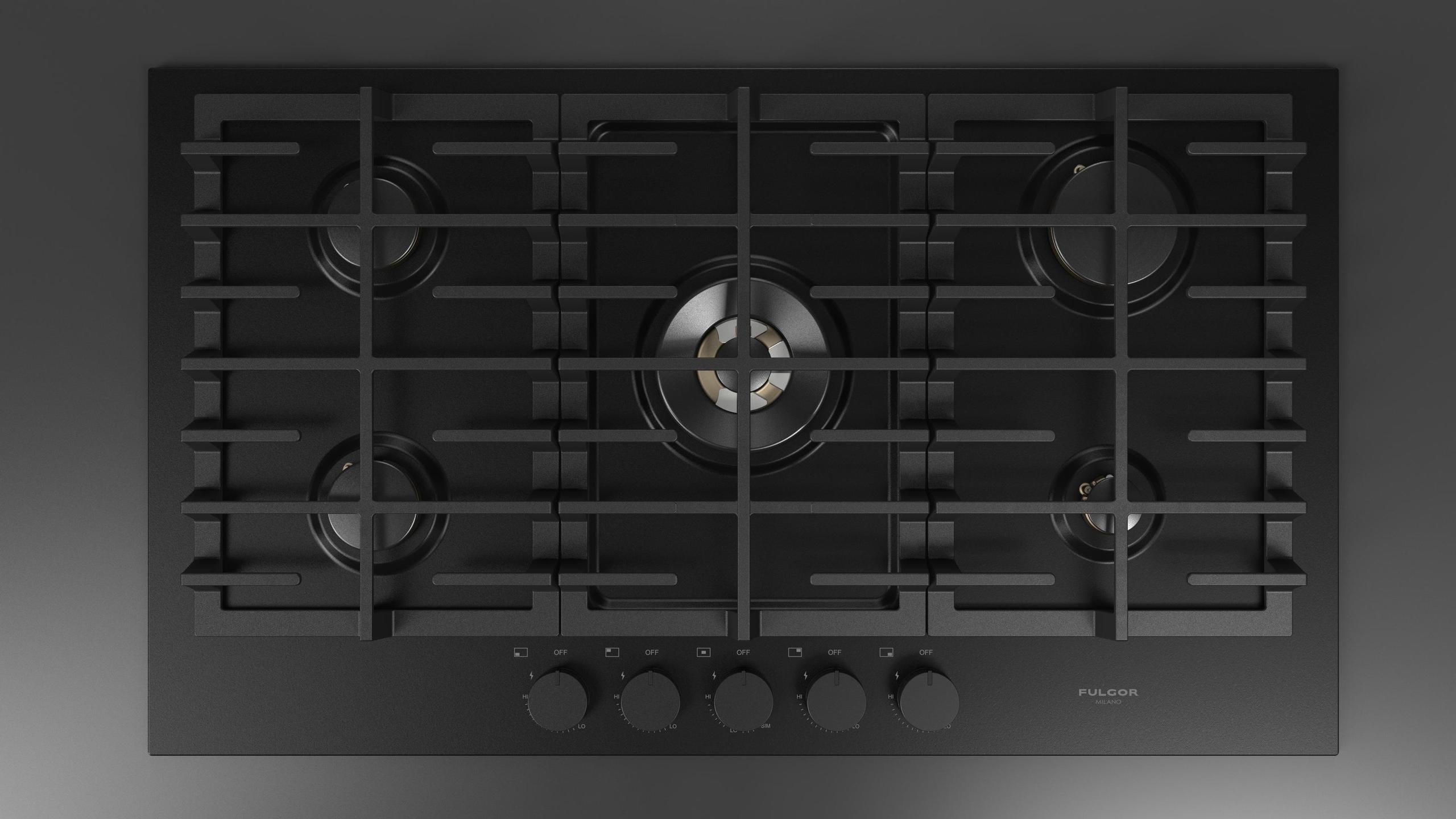 Fulgor Milano F4MTGK36MB1 36 Inch Matteo 400 Series Gas Cooktop, 5 Brass Burners: Matte Matte Black
