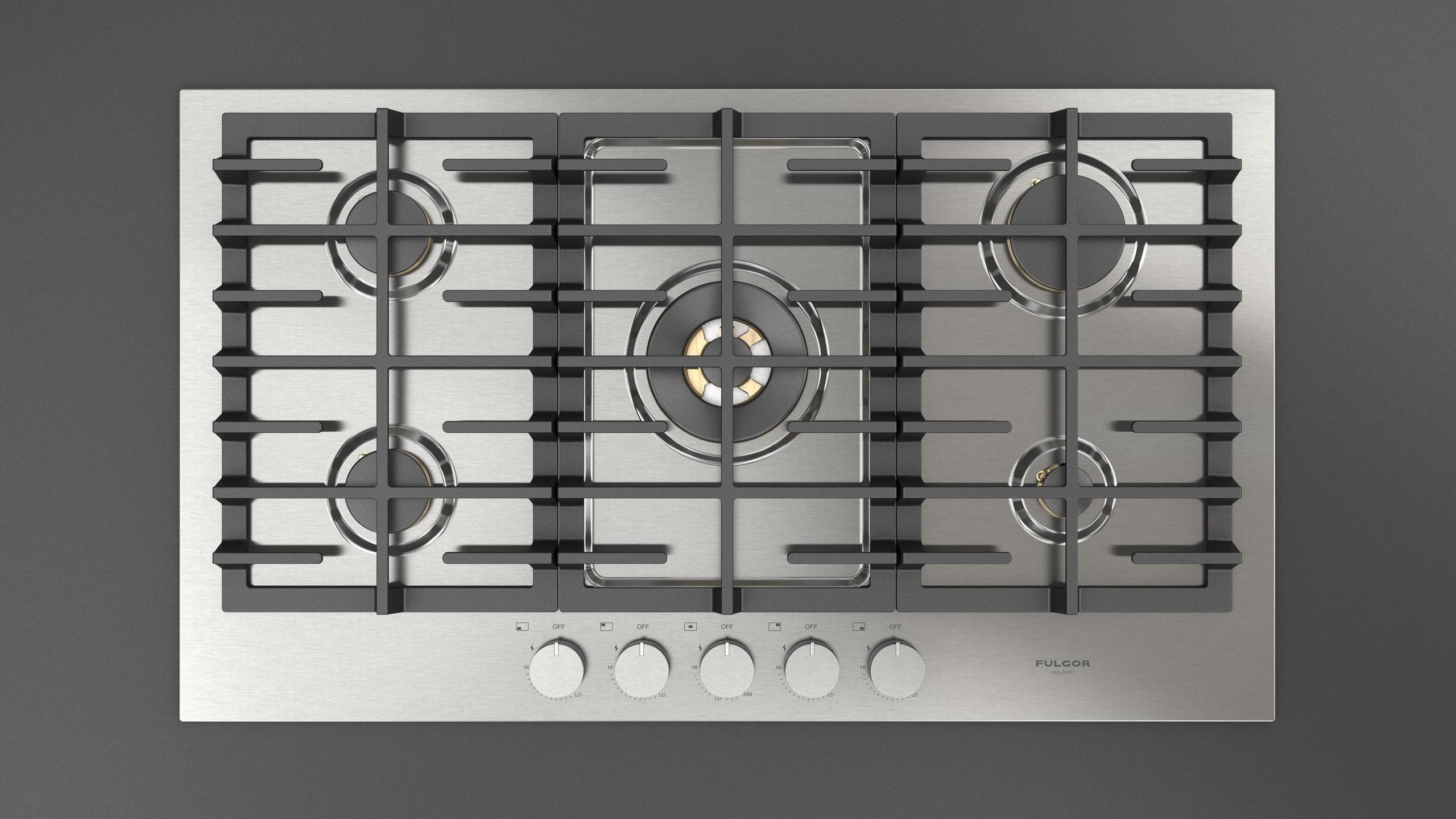 Fulgor Milano F4MTGK36S1 36 Inch Matteo 400 Series Gas Cooktop, 5 Brass Burners: Stainless Stainless Steel