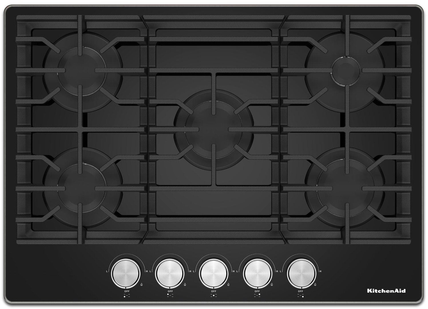 KitchenAid 30 Inch Gas Cooktop with 5 Sealed Burners, 56.2K Total BTUs, 18K BTU Central Burner, Black Glass Cooktop, Continuous Grates, Dishwasher Safe Cast-Iron Grates, Stainless Steel Knobs, LP Convertible Kit Included and ADA Compliant: Black