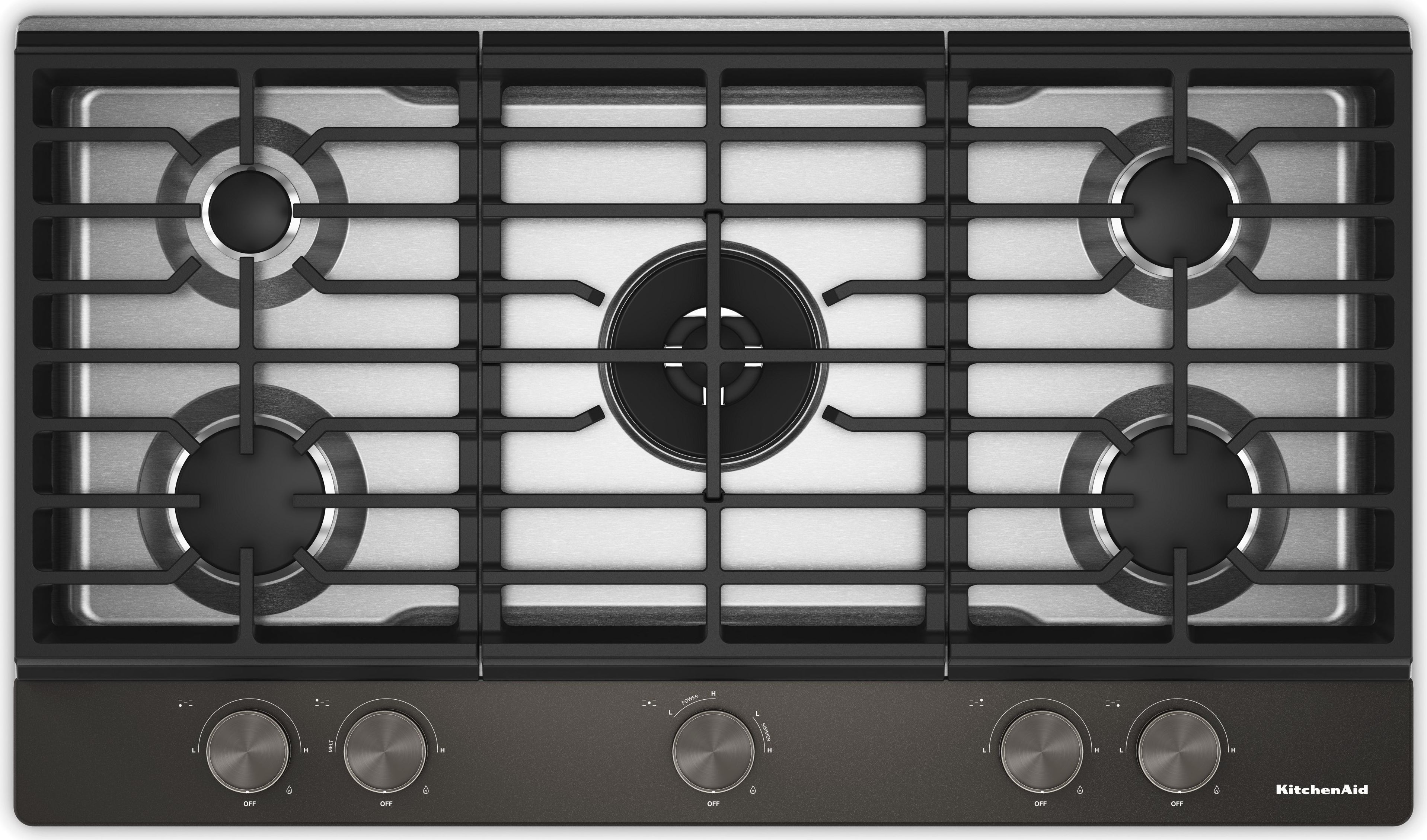 KitchenAid 36 in. Gas Cooktop with 5 Burners and Integrated Wok Grate: Black Ore