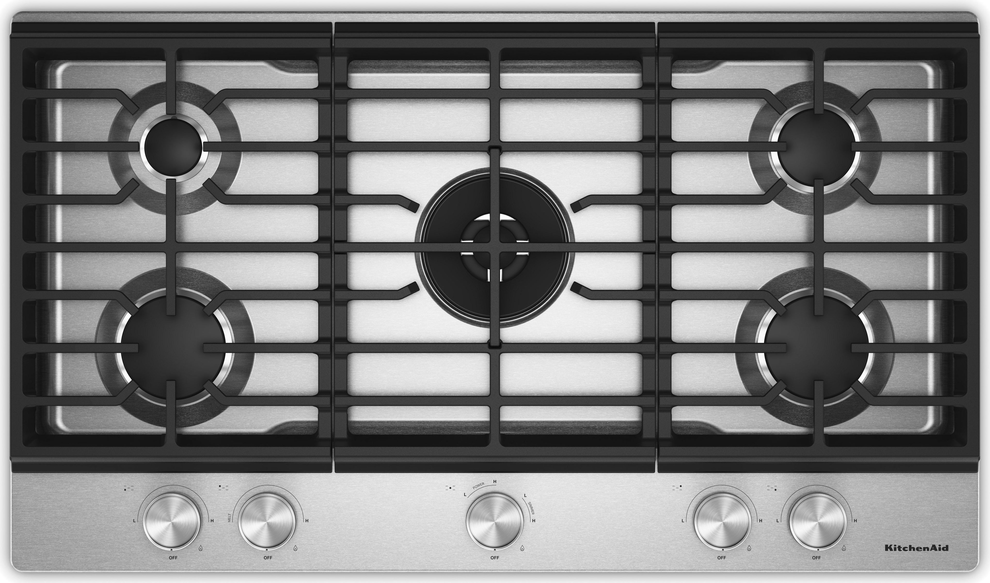 KitchenAid 36 in. Gas Cooktop with 5 Burners and Integrated Wok Grate: Stainless Steel