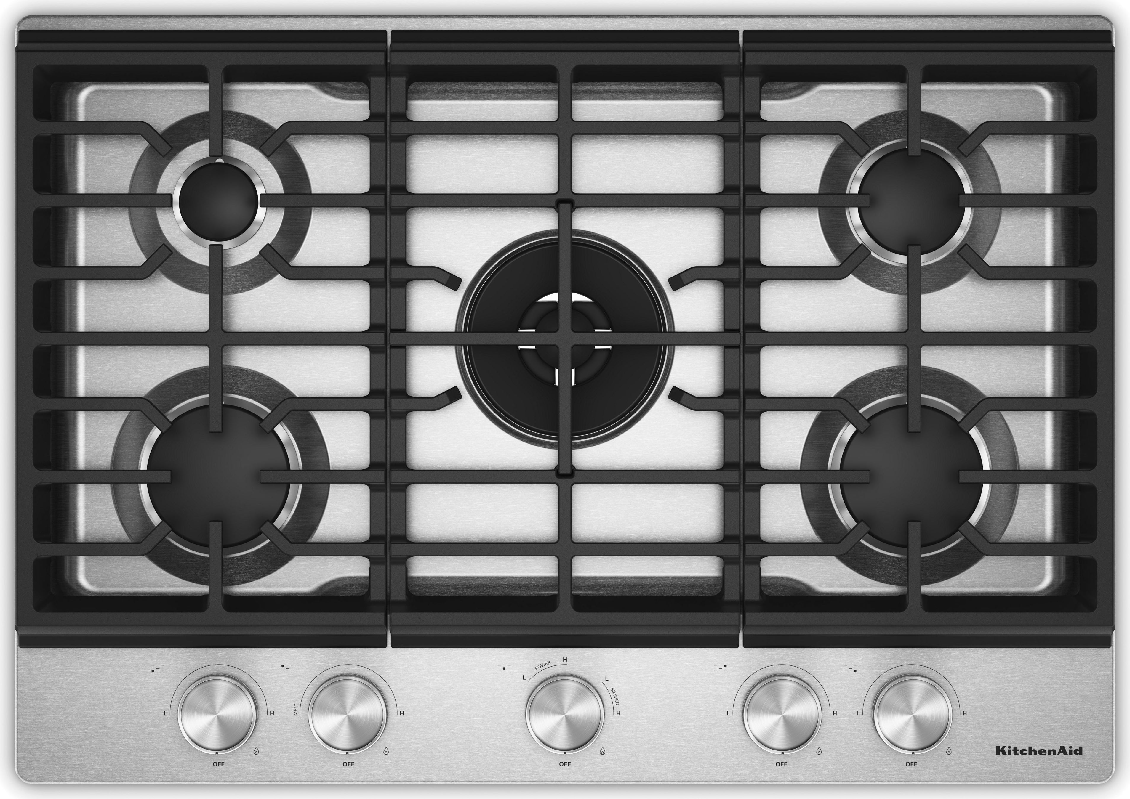KitchenAid 30 in. Gas Cooktop with 5 Burners and Integrated Wok Grate: Stainless Steel