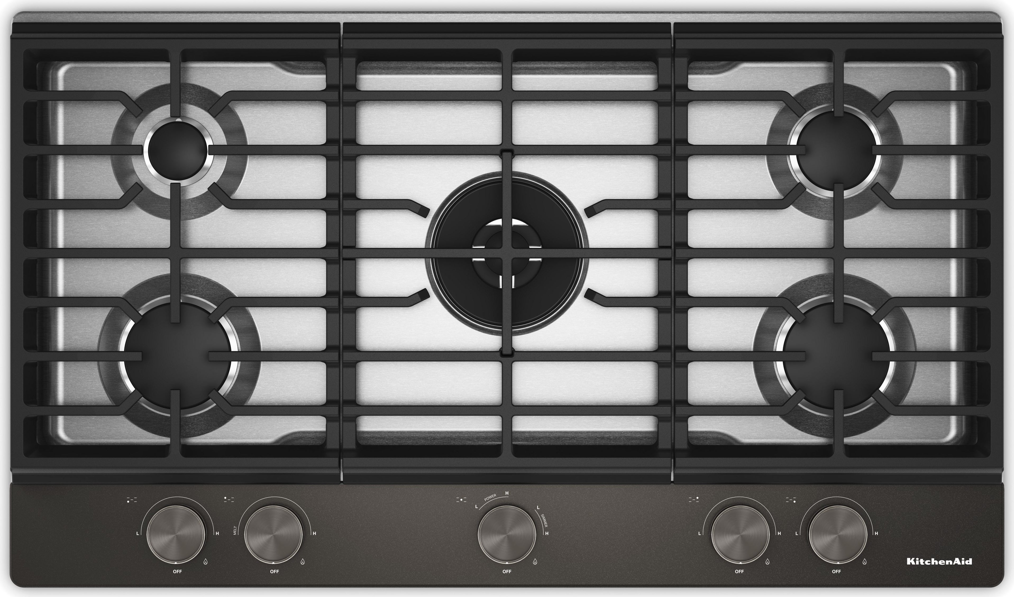 KitchenAid 36 in. Gas Cooktop with 5 Burners and Integrated Wok Grate: Black Ore