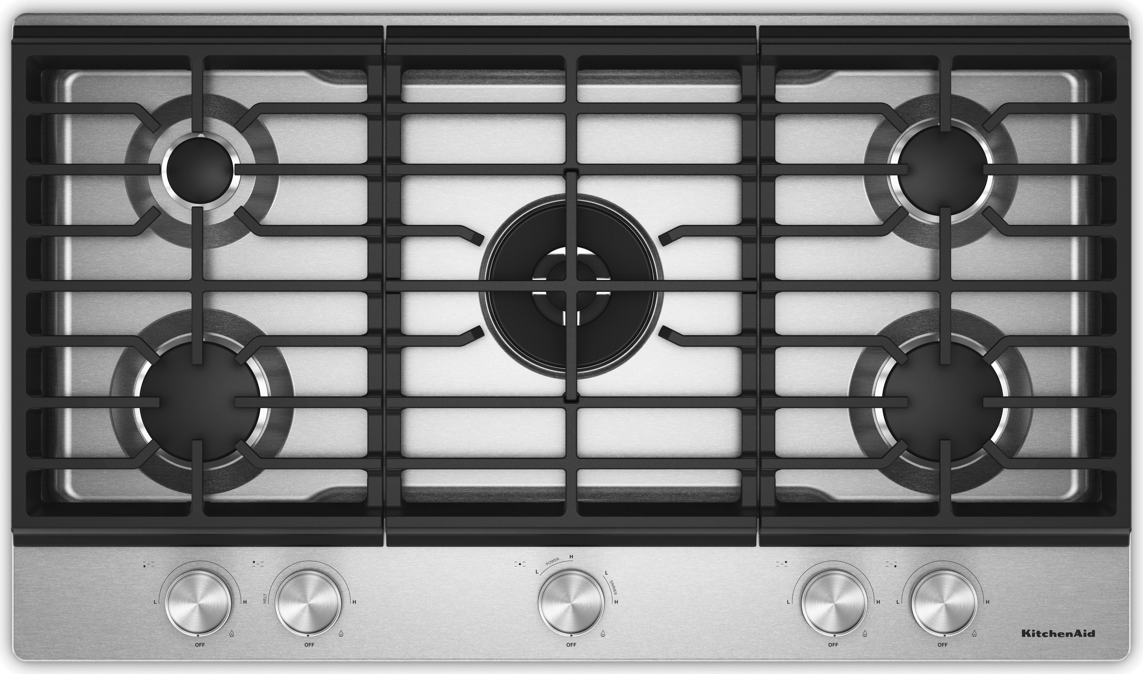 KitchenAid 36 in. Gas Cooktop with 5 Burners and Integrated Wok Grate: Stainless Steel