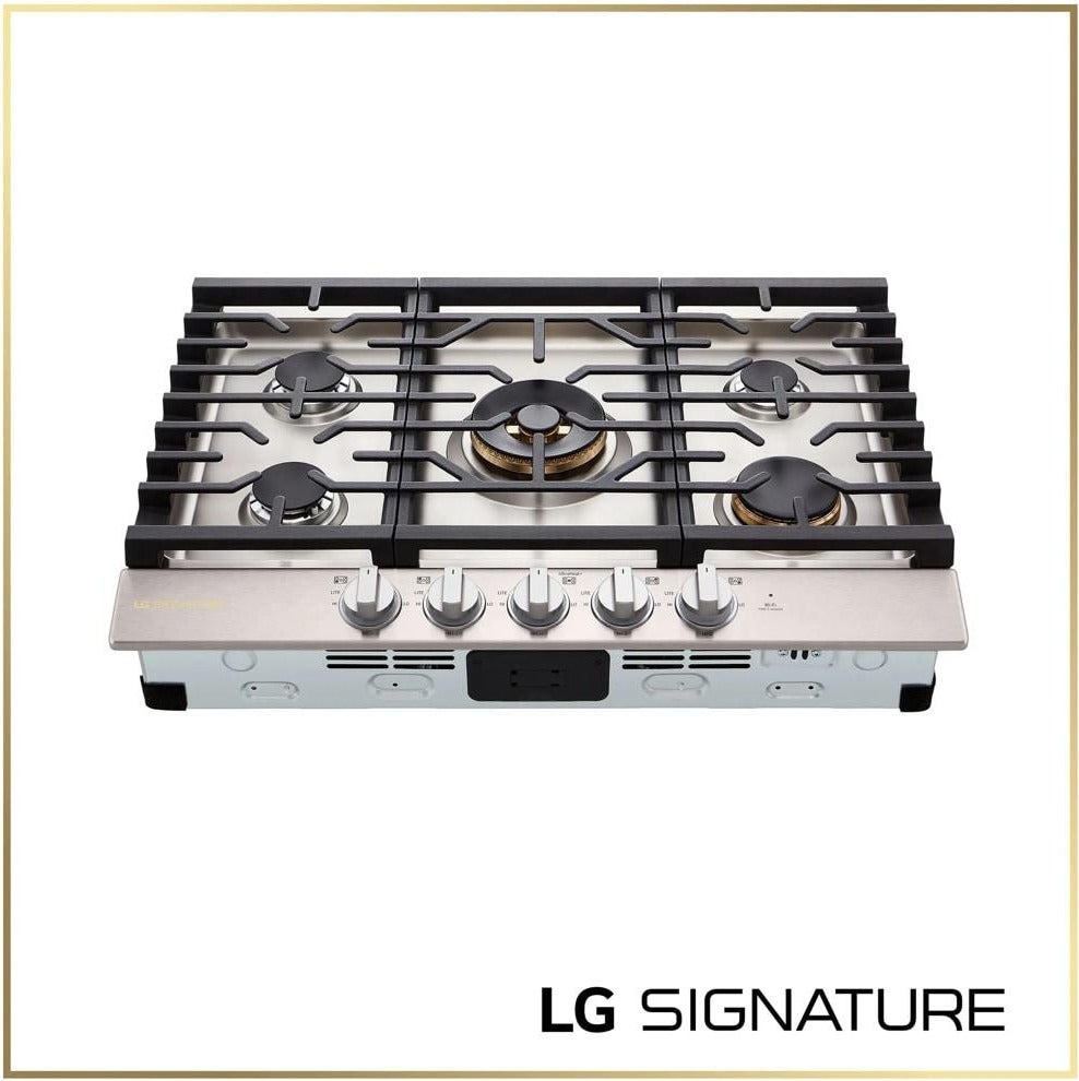LG LG Signature 30 Inch Gas Cooktop, Red Led Knob Accents, 19,000 BTU Ultraheat Center Burner, 5 Sealed Burners And 3 Continuous Heavy-Duty Cast Iron Grates, Metal Knob: Stainless Steel