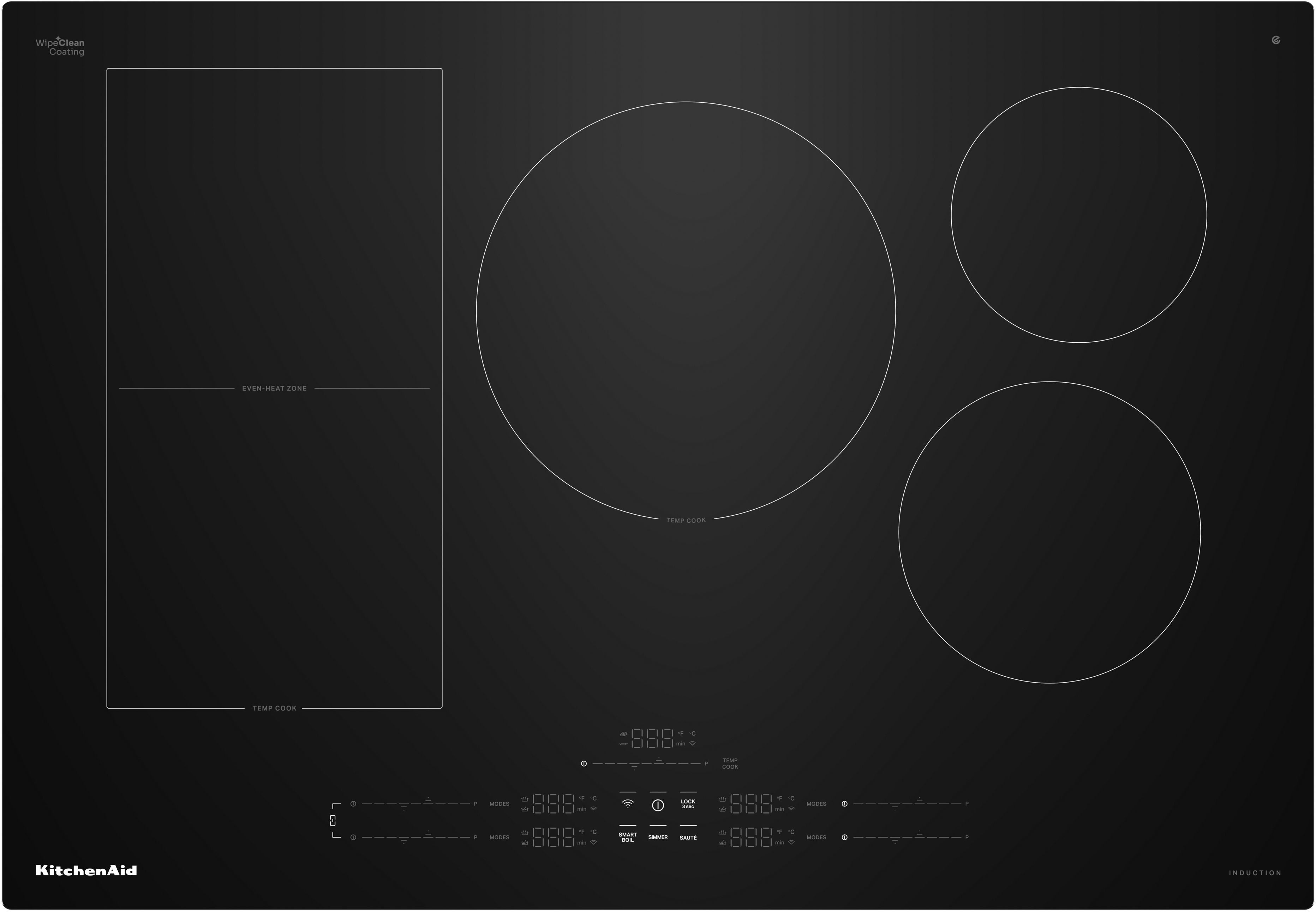 KitchenAid Induction Smart Cooktop with 5 Heating Zones, Even-Heat™ Zone, Temp Cook™ Technology & Smart Presets, WipeClean™ Coating, Voice Control, Backlit Touch Controls, Power Boost Function, Pan Size Detection, KitchenAid® App and Energy Star® Certified: 30 Inch Width with Edge-to-Edge Glass (No Trim)