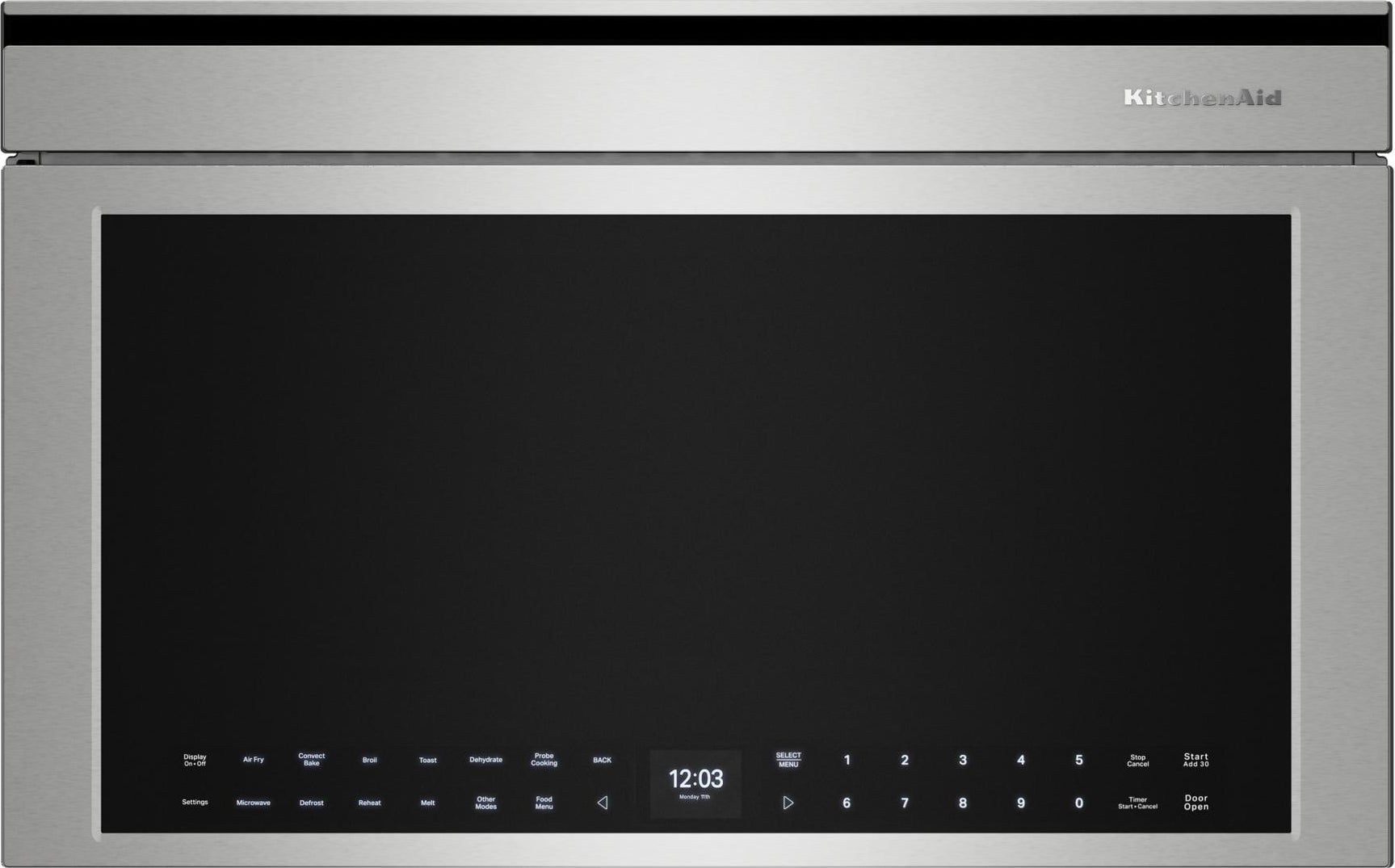 KitchenAid 30 Inch Built-In More-in-One Convection Smart Microwave Oven with 1.1 cu. ft. Capacity, Air Fry Mode, 950-Watt Microwave Cooking Power, Temperature Probe, Steam Clean Mode, Backlit Touch Controls, and Turntable-Free Design: Printshield Stainless