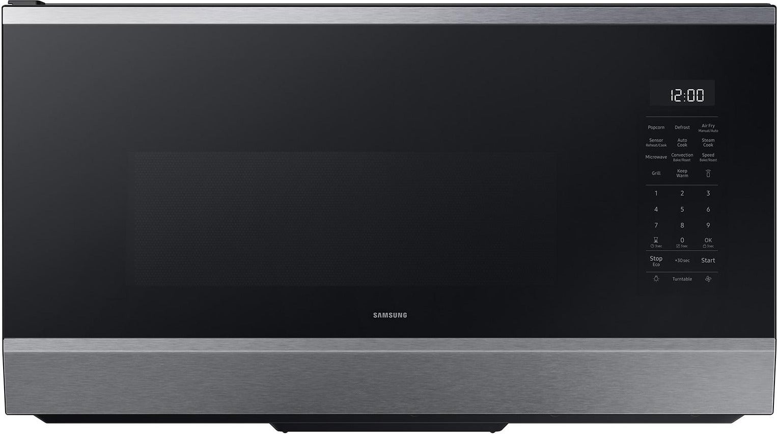 Samsung 1.7 cu. ft. Over-the-Range Smart Microwave Oven with 950 Watts, 3-Speed 300 CFM Venting System, No-Preheat Air Fry Max, Convection Bake, Sensor Cook, Steam Clean, Glass Turntable, and LED Cooktop Lighting: Stainless Steel