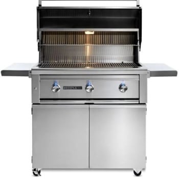 Lynx 36 Inch Freestanding Grill with ProSear™ Infrared Burner, 2 Grill Surface Lights, Fluid Rotation Handle, Stainless Steel Cooking Grates, Blue Lit Control Knobs, Temperature Gauge and Lynx Hood Assist: Stainless Steel With Natural Gas