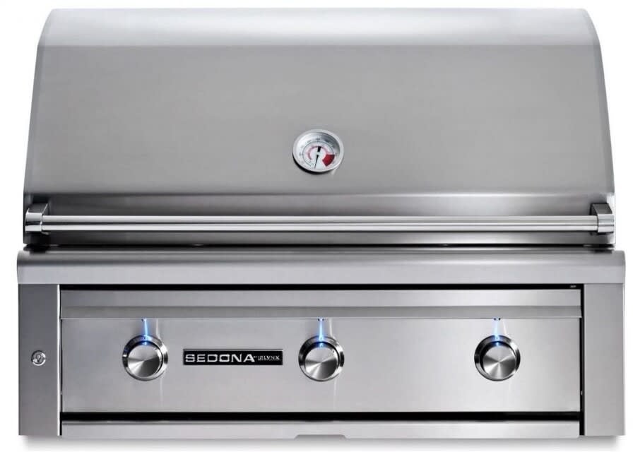 Lynx 36 Inch Built-in Grill with ProSear Burner, Grill Surface Lights, Fluid Rotation Handle, Stainless Steel Grilling Grates, Blue Lit Control Knobs, Temperature Gauge and Lynx Hood Assist: Stainless Steel With Natural Gas