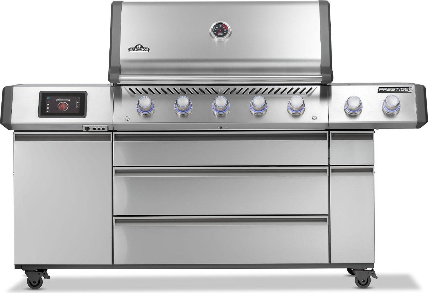 Napoleon 76 Inch Freestanding Grill with Integrated Smoker Tray, Infrared Sizzle Zone™, Infrared Rotisserie Burner, Integrated Ice Bucket & Cutting Board, Wave™ Cooking Grids, Interior Grill Lights, Lift Ease™ Lid, Night Light™ Knobs, Instant Jetfire™ Ignition, Stainless Steel Sear Plates, Accu-Probe™ Temperature Gauge and 1,140 sq. in. Cooking Area: Natural Gas
