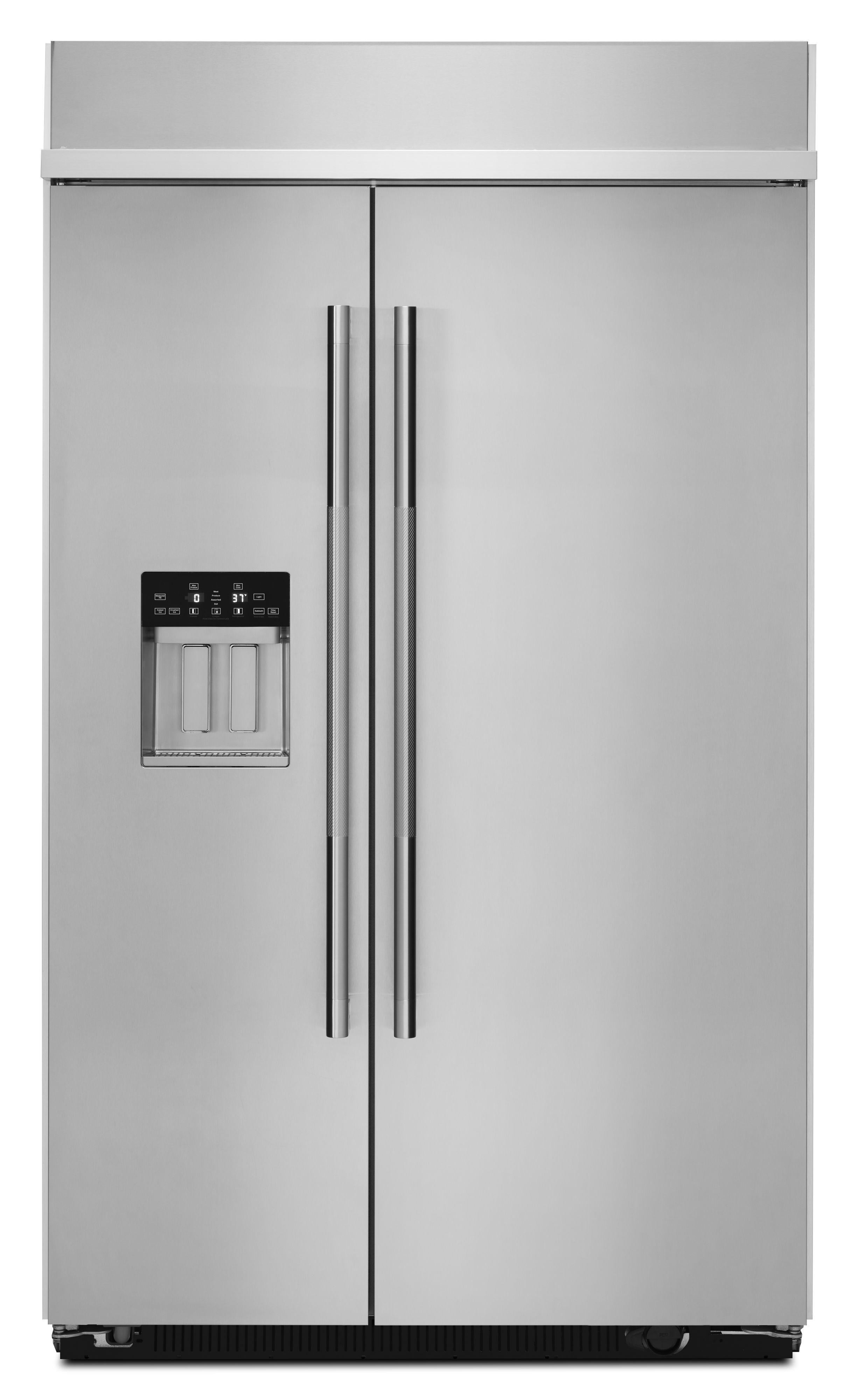 Jenn Air 48 Inch Counter Depth Built-In Side by Side Refrigerator with 29.5 Cu. Ft. Total Capacity, Daring Obsidian Interior, Precision Temperature Management™ System, Storage Drawer, Ice Maker, Filtered Water/Ice Dispenser, STAR K Certified and ENERGY STAR® Certified: Stainless Steel
