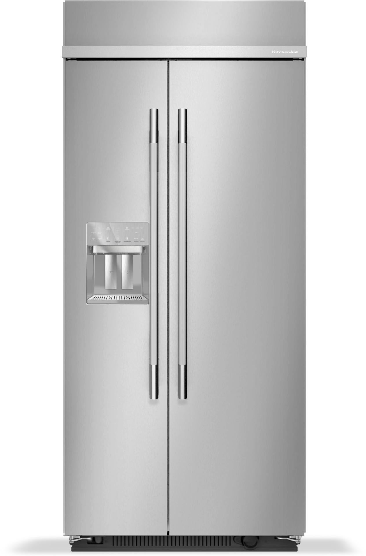 KitchenAid KBSD736SPS 20.8 Cu. Ft. 36" Built-In Side-by-Side Refrigerator features Exterior Water and Ice Dispenser Stainless Steel with PrintShield Finish