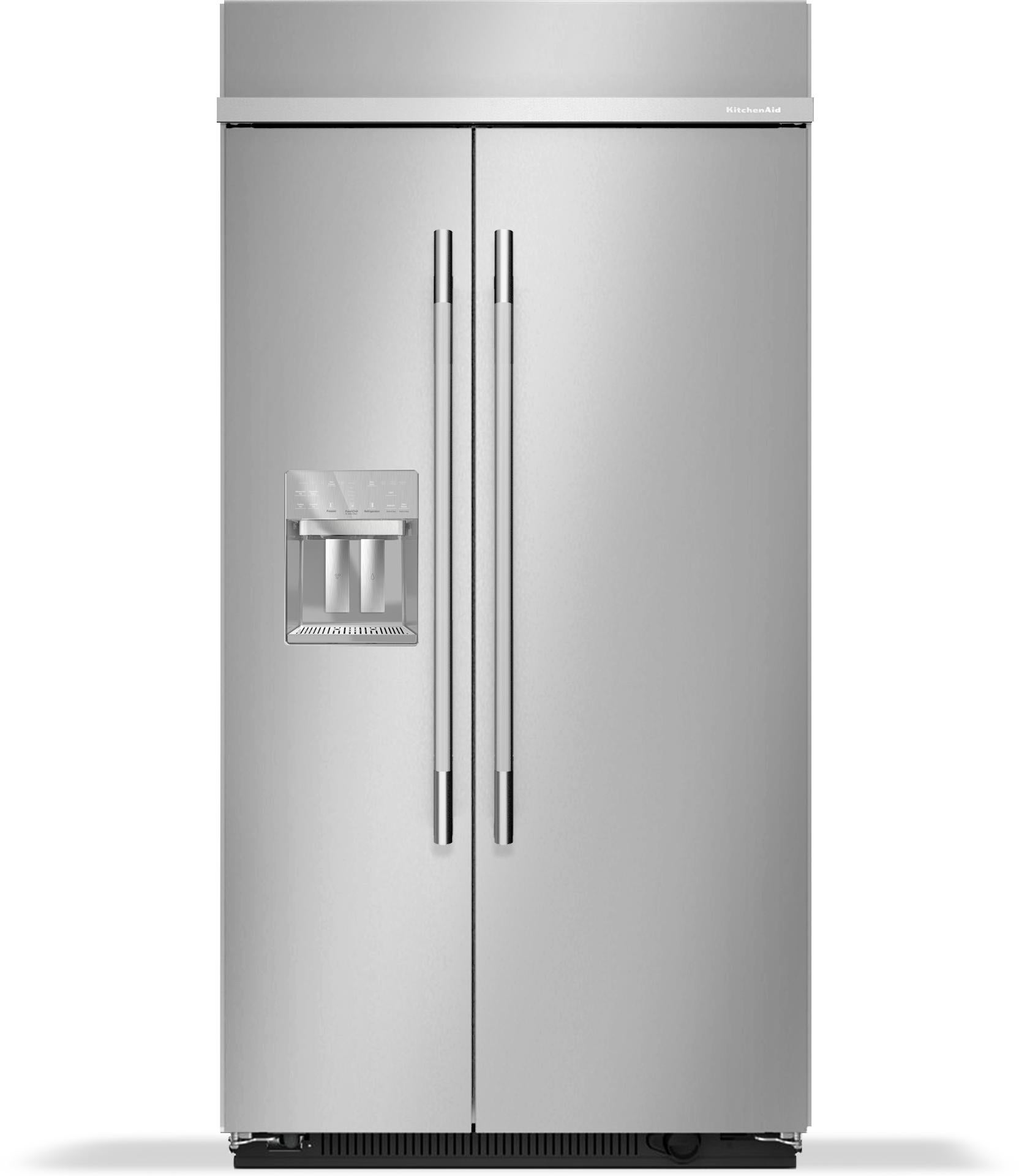 KitchenAid KBSD742SPS 25.1 Cu. Ft. 42" Built-In Side-by-Side Refrigerator features Exterior Water and Ice Dispenser Stainless Steel with PrintShield Finish
