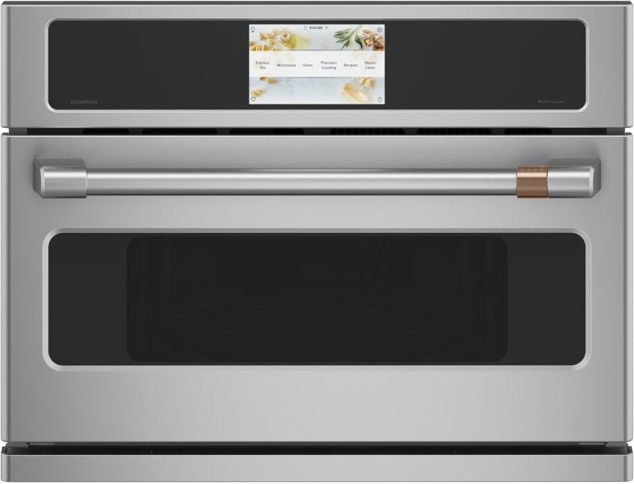 Cafe 27 Inch Built-In Smart Microwave Oven with 1.7 cu. ft. Total Capacity, Advantium® Technology, 7" Full-Color LCD Touch Control, 950 Watts, In-Oven Camera, Android OS and Pedestal Rack: Stainless Steel
