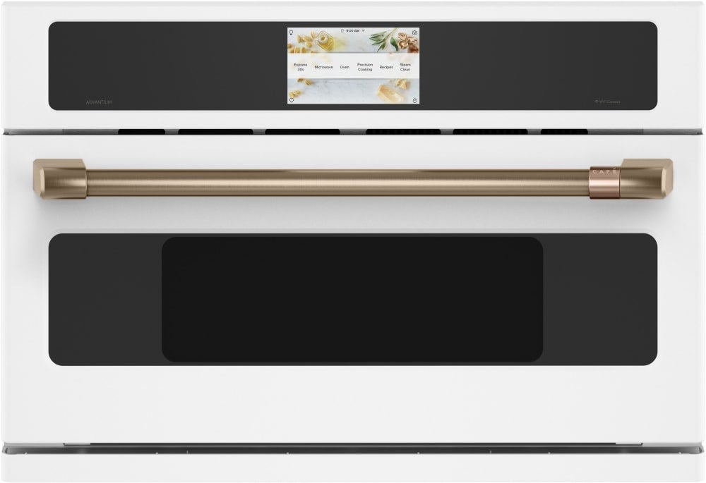 Cafe 30 Inch Built-In Smart Microwave Oven with 1.7 cu. ft. Total Capacity, 7" Full-Color LCD Touch Control, In-Oven Camera, Android OS and Advantium® Technology: Matte White, Brushed Bronze Handle
