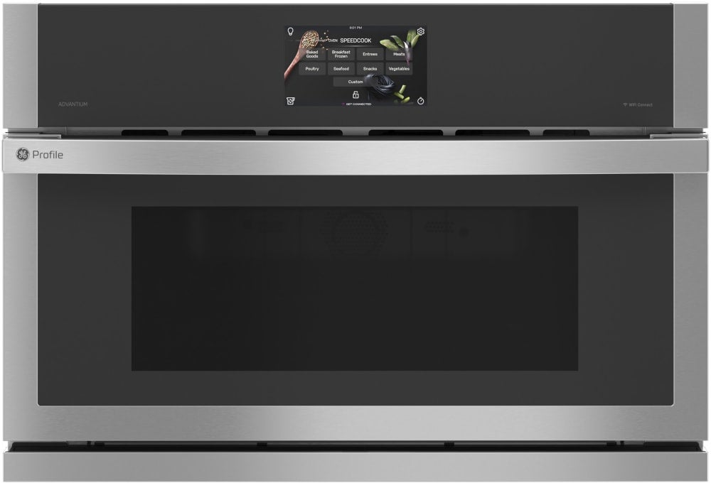 GE 30 Inch Single Electric Smart Wall Oven with 1.7 cu. ft. Convection Oven, Advantium Technology, Speedcook (120V), Steam Clean, In-Oven Camera, and 7" Touchscreen Display: Stainless Steel