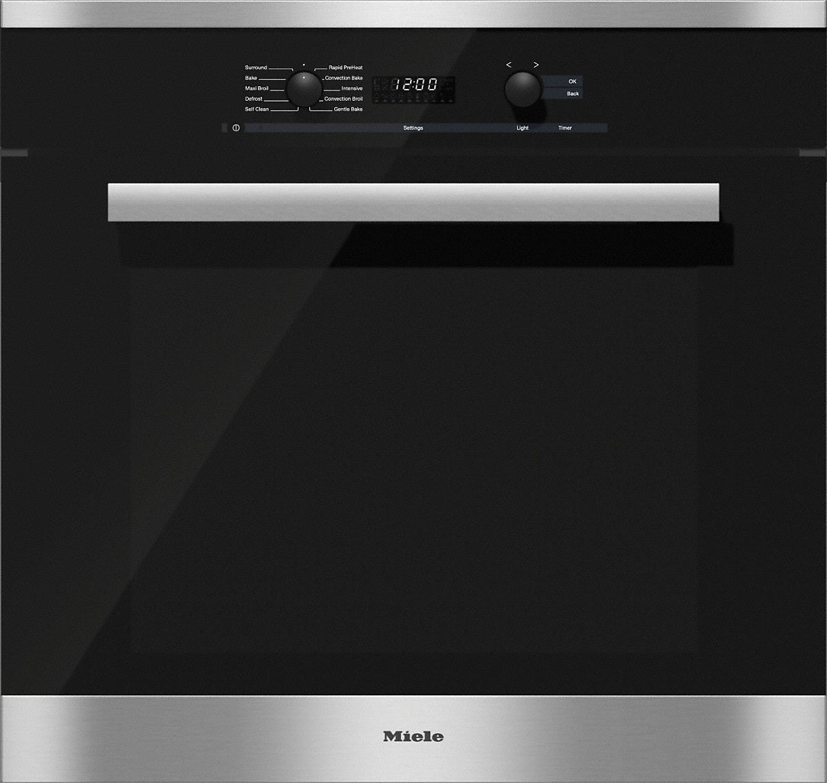 Miele 30 Inch Single Electric Wall Oven with TwinPower Convection Blowers, 8 Operating Modes, Clean Touch Steel™, Rapid PreHeat, CleanGlass Door, Soft Close, Self-Cleaning, Cool Front, Safety Switch-Off, Timer and 4.59 cu. ft. Capacity: Clean Touch Steel