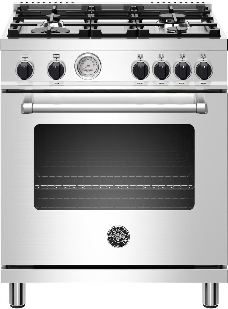Bertazzoni Master Series 30" Stainless Steel with Black Knobs Slide-In Natural Gas Sealed Burner Range - Convection