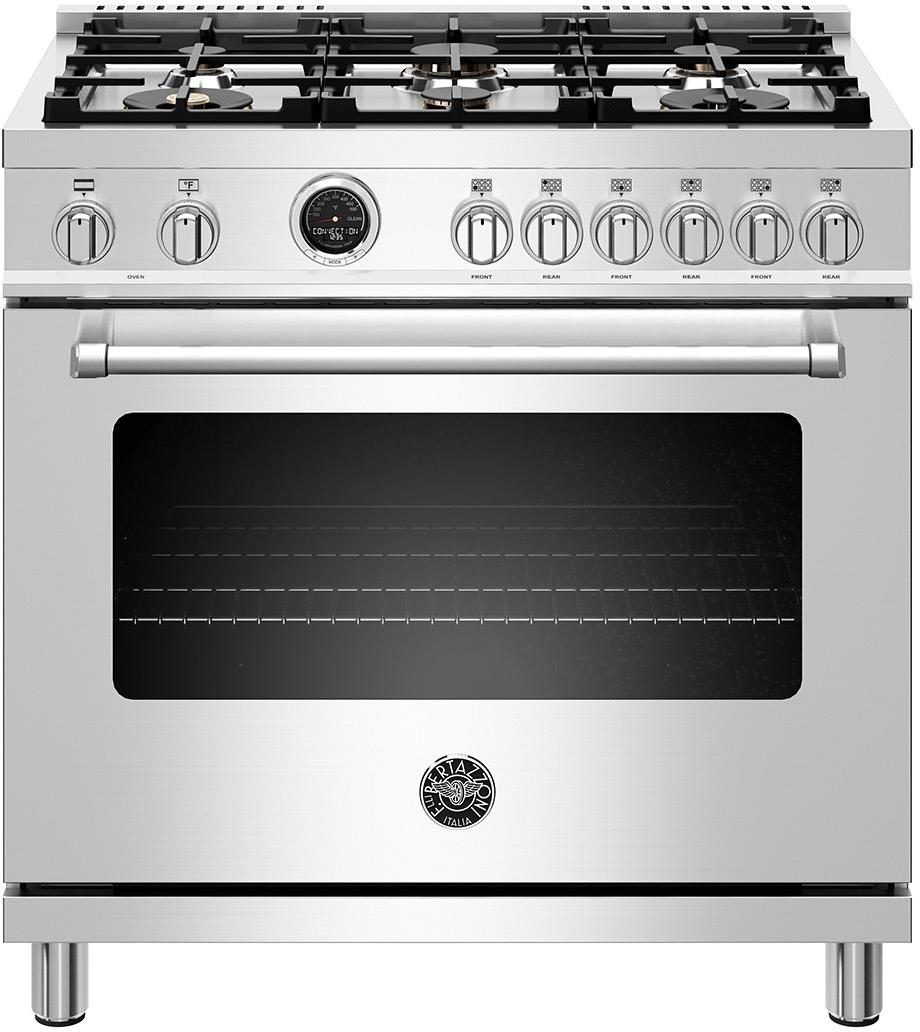 Bertazzoni Master Series 36" Stainless Steel Slide-In Dual Fuel (Natural Gas) Sealed Burner Range with Self Clean - Convection