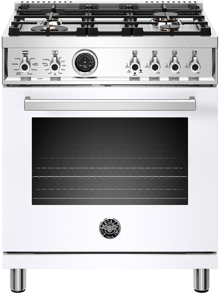 Bertazzoni Professional Series 30" Glossy White Slide-In Dual Fuel (Natural Gas) Sealed Burner Range with Self Clean - Convection