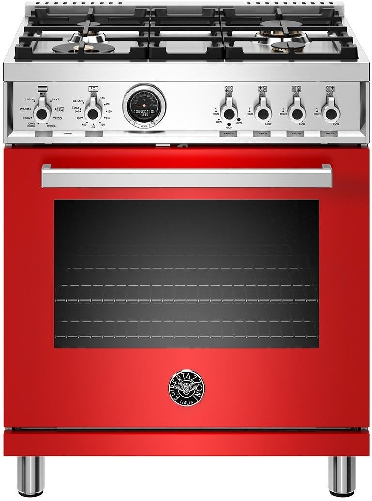 Bertazzoni Professional Series 30" Glossy Red Slide-In Dual Fuel (Natural Gas) Sealed Burner Range with Self Clean - Convection