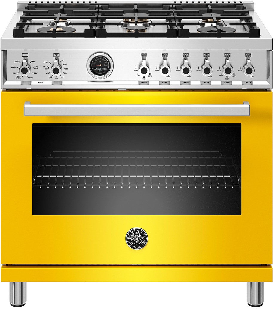 Bertazzoni Professional Series 36" Glossy Yellow Slide-In Dual Fuel (Natural Gas) Sealed Burner Range with Self Clean - Convection