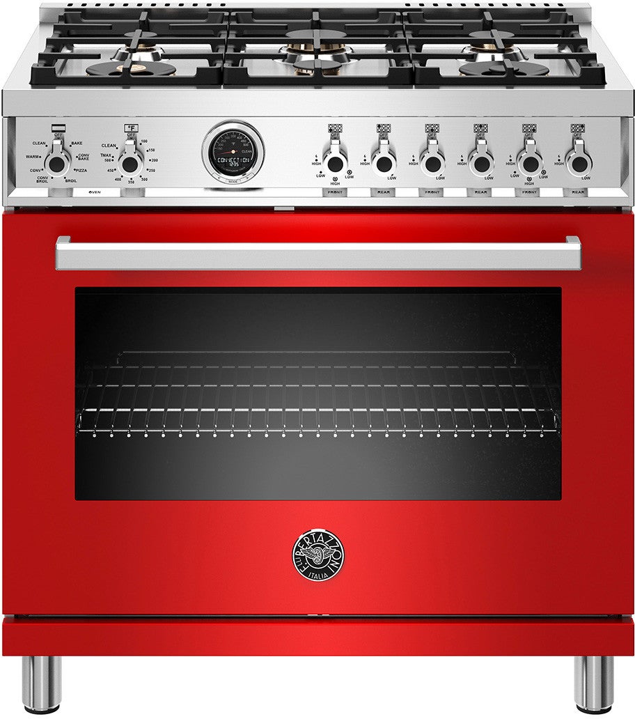Bertazzoni Professional Series 36" Glossy Red Slide-In Dual Fuel (Natural Gas) Sealed Burner Range with Self Clean - Convection