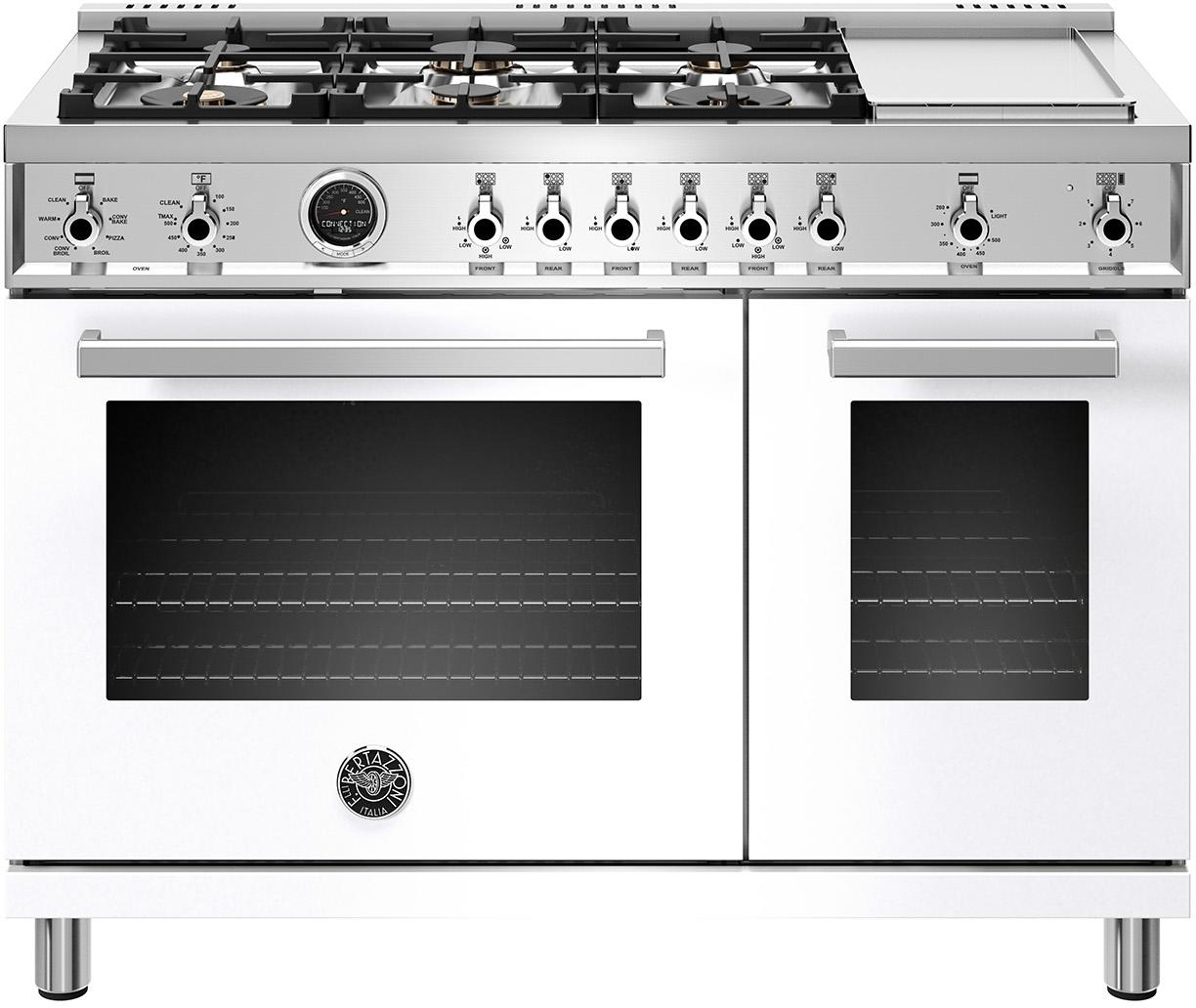 Bertazzoni Professional Series 48" Glossy White Slide-In Dual Fuel (Natural Gas) Sealed Burner Double Oven Range with Griddle & Self Clean - Convection