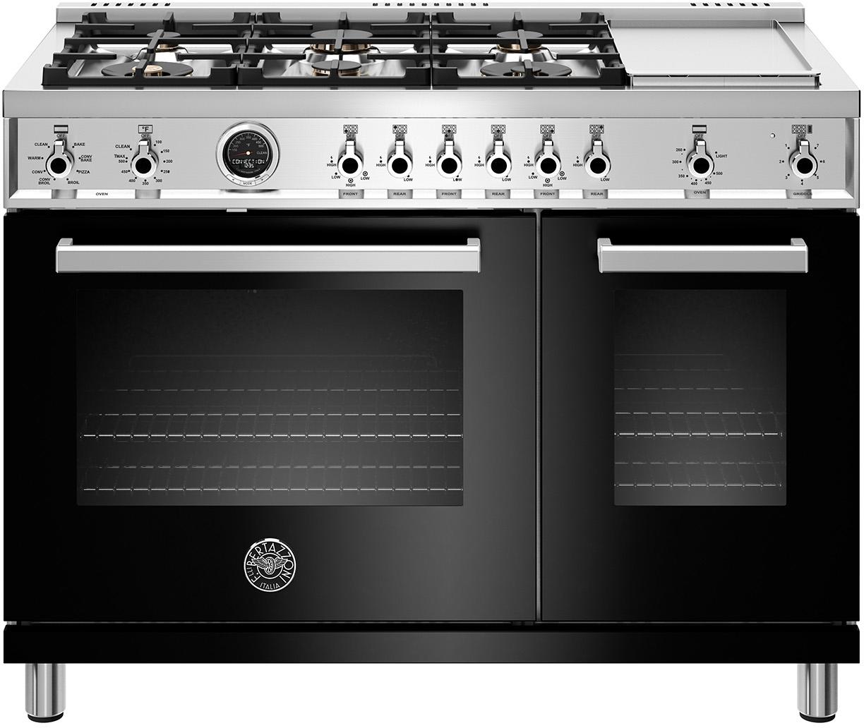 Bertazzoni Professional Series 48" Glossy Black Slide-In Dual Fuel (Natural Gas) Sealed Burner Double Oven Range with Griddle & Self Clean - Convection