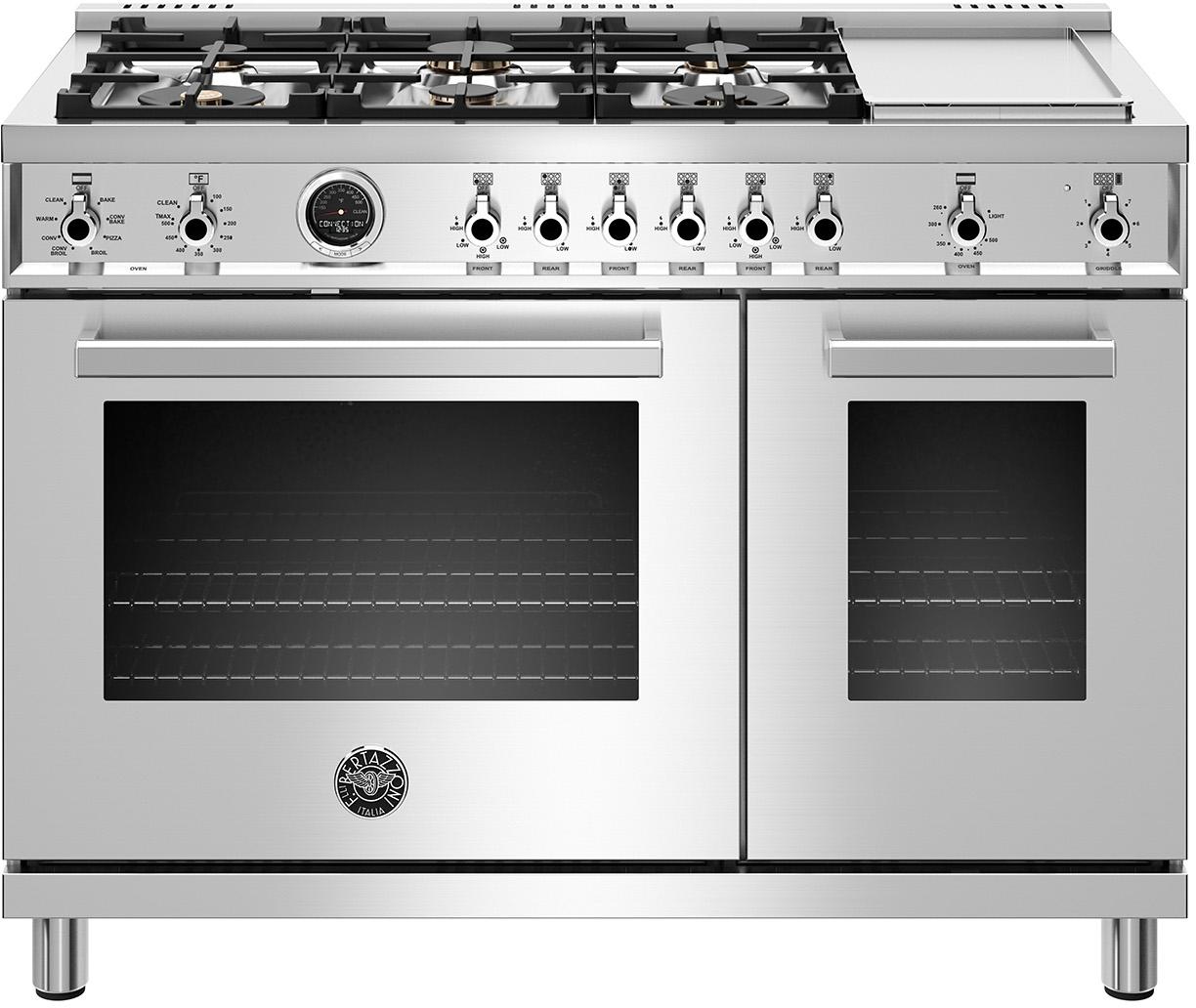 Bertazzoni Professional Series 48" Stainless Steel Slide-In Dual Fuel (Natural Gas) Sealed Burner Double Oven Range with Griddle & Self Clean - Convection