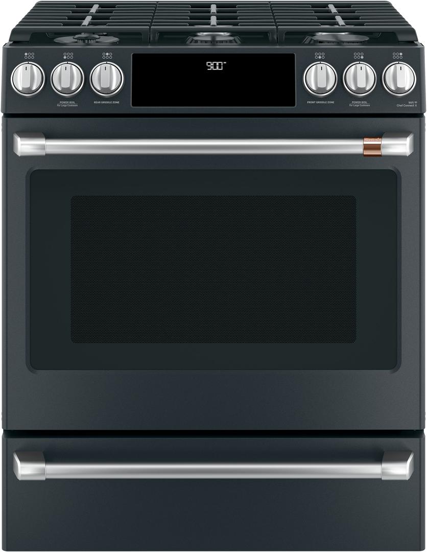 Cafe 30" Matte Black Natural Gas Dual Fuel Sealed Burner Self Cleaning Slide-In Range with Warming Drawer - Convection - ADA Compliant