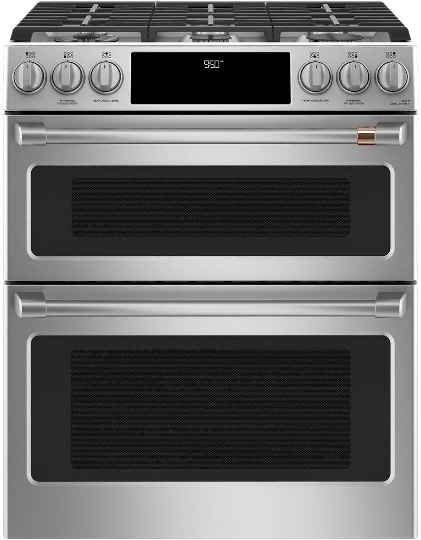 Cafe 30" Stainless Steel Natural Gas Dual Fuel Sealed Burner Self Cleaning Slide-In Double Oven Range - Convection - ADA Compliant