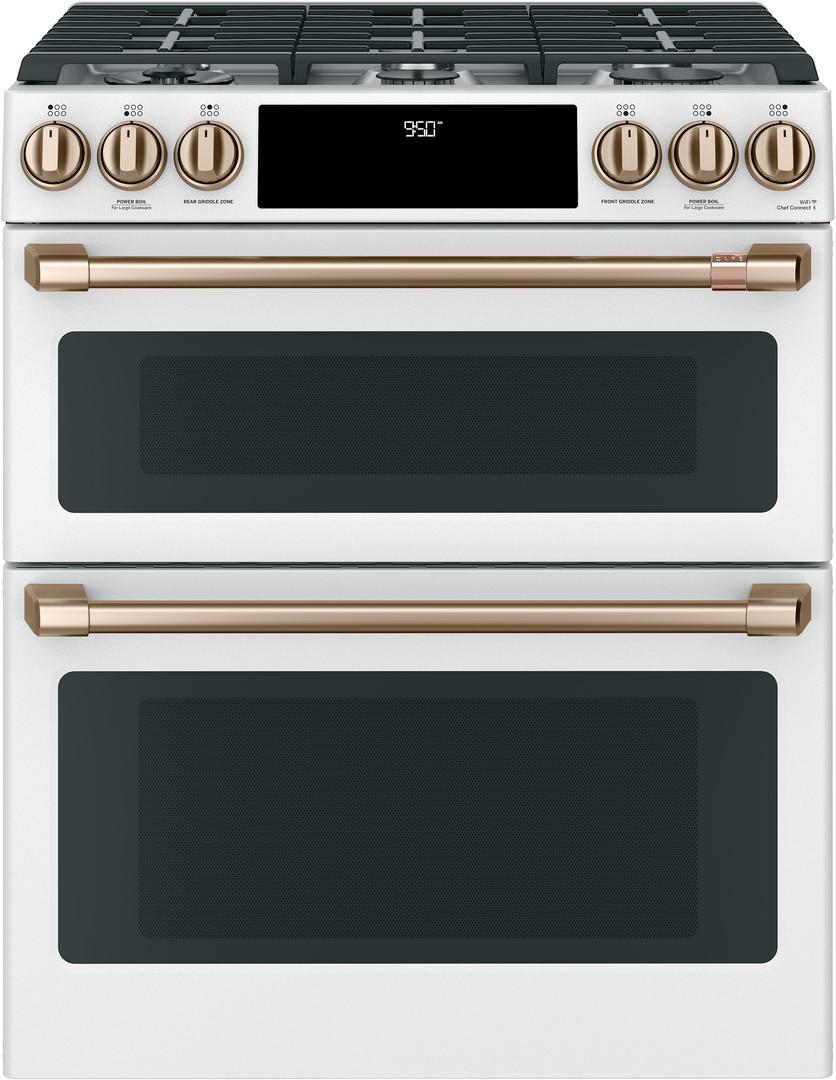 Cafe 30" Matte White Natural Gas Dual Fuel Sealed Burner Self Cleaning Slide-In Double Oven Range with Dark Gray Sides - Convection - ADA Compliant