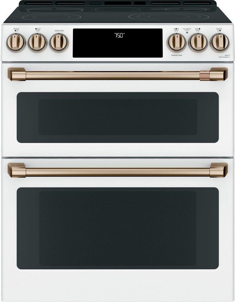 Cafe 30" Matte White Smoothtop Self Cleaning Slide-In Double Oven Range with Dark Gray Sides - Convection - ADA Compliant
