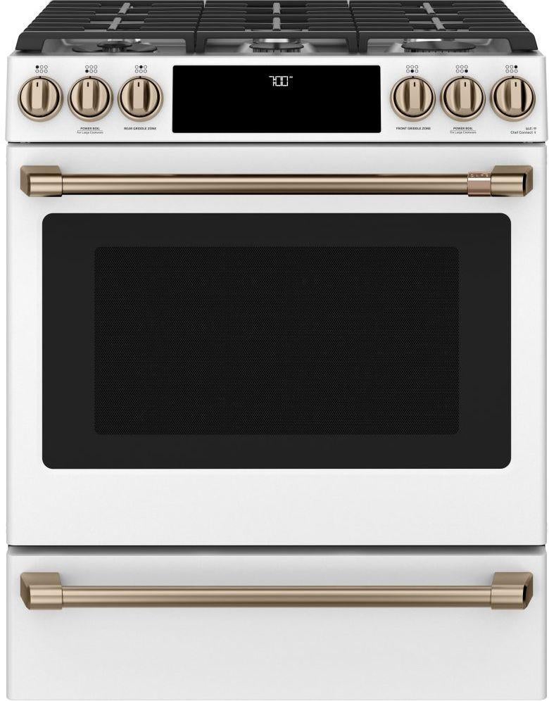 Cafe 30" Matte White Sealed Burner Slide-In Natural Gas Range - Convection