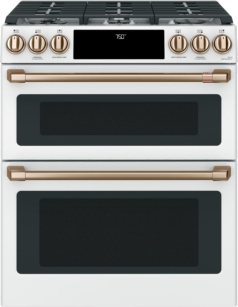 Cafe 30" Matte White Natural Gas Sealed Burner Slide-In Double Oven Range with Dark Gray Sides - Convection - ADA Compliant