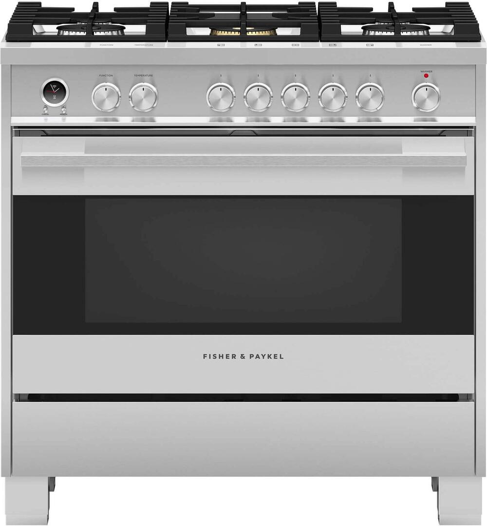 Fisher Paykel Contemporary 36" Brushed Stainless Steel Dual Fuel (Natural Gas) Sealed Burner with Warming Drawer & Self Clean - Convection