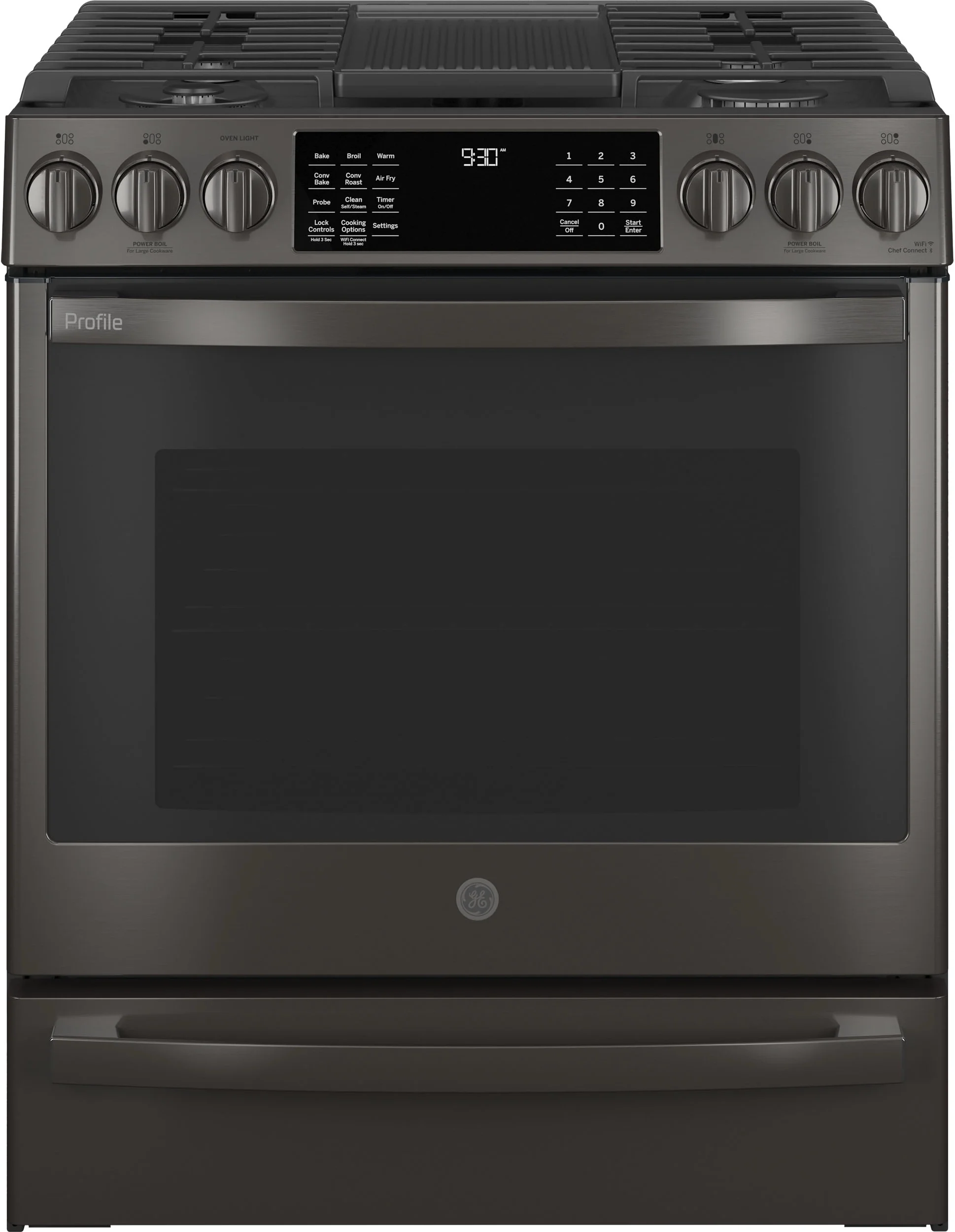GE Profile PGS930BPTS 30 Inch Black Stainless Steel Slide-in Gas Convection Range