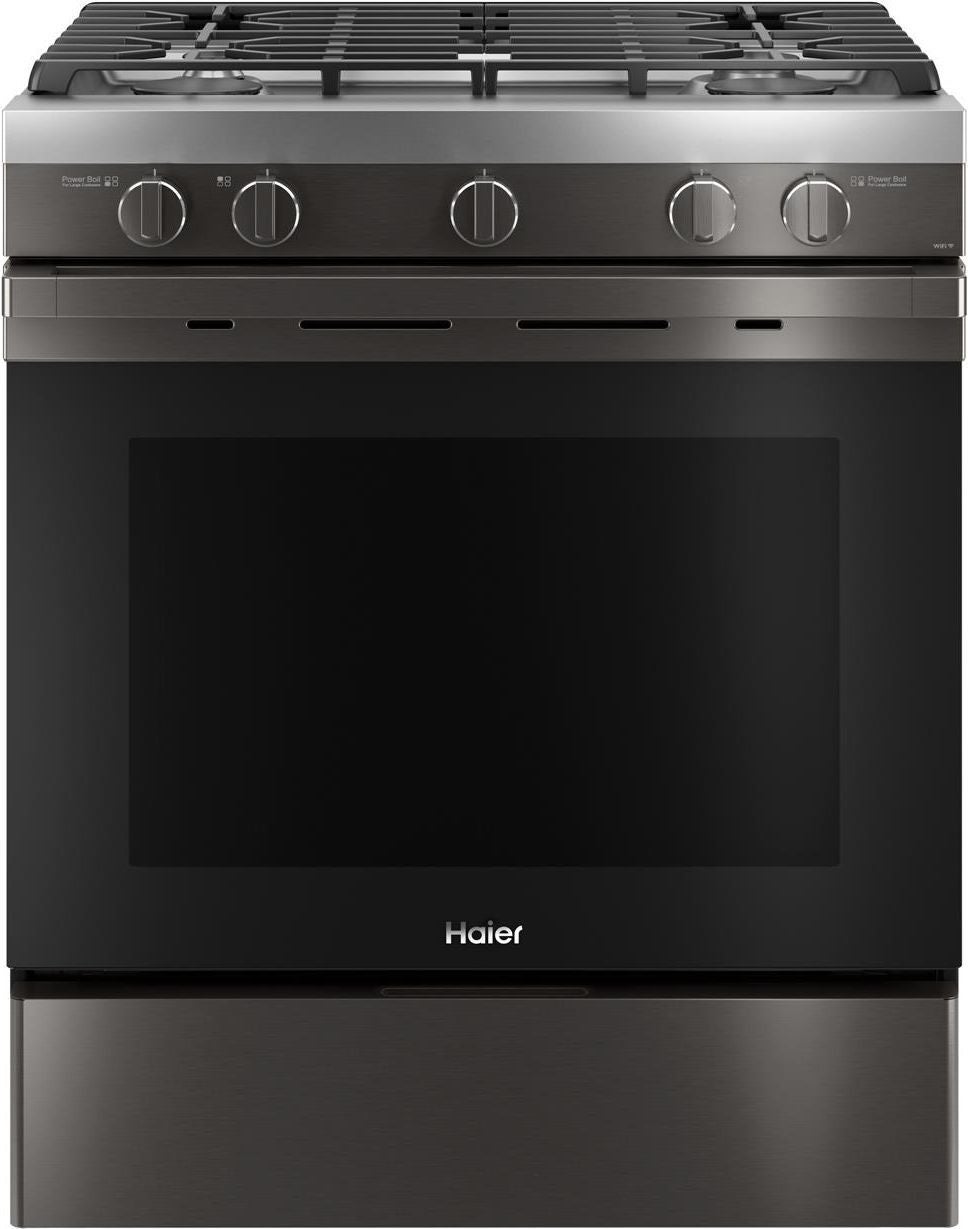 Haier 30" Black Stainless Steel Natural Gas Slide-In Sealed Burner Range - Convection