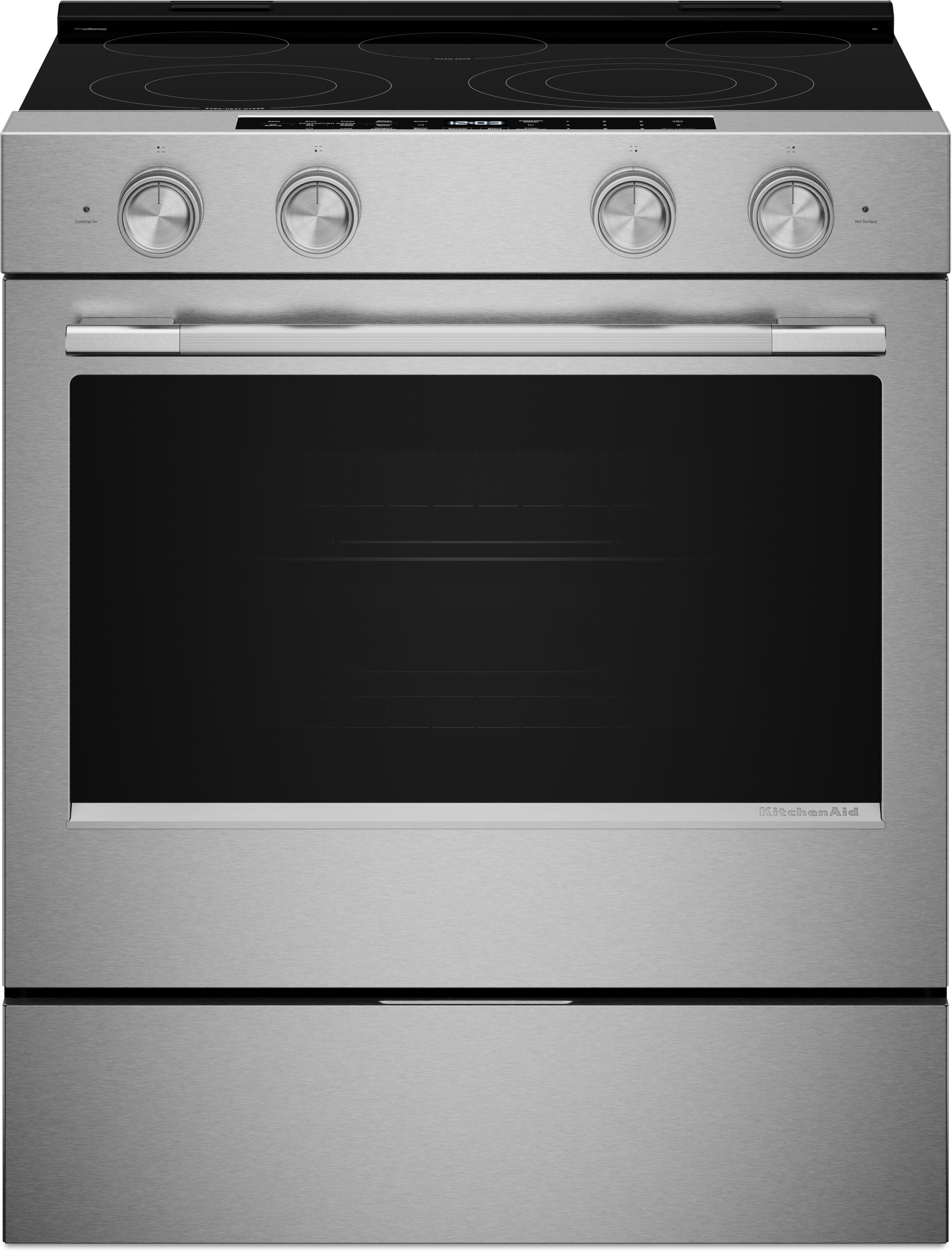 KitchenAid 5.3 Cu. Ft. Smart Slide-in Electric Range with Two Even-Heat™ Hyper Elements and Convection Cooking Modes: Stainless Steel