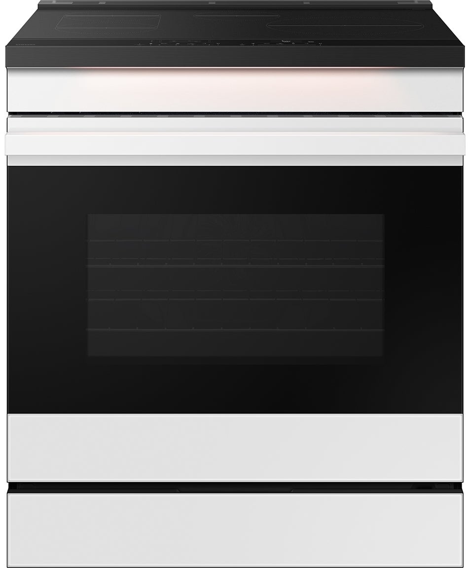 Samsung 6.3 Cubic Foot Induction Slide In Range Convection Self Clean Air Fry Bespoke: White Glass