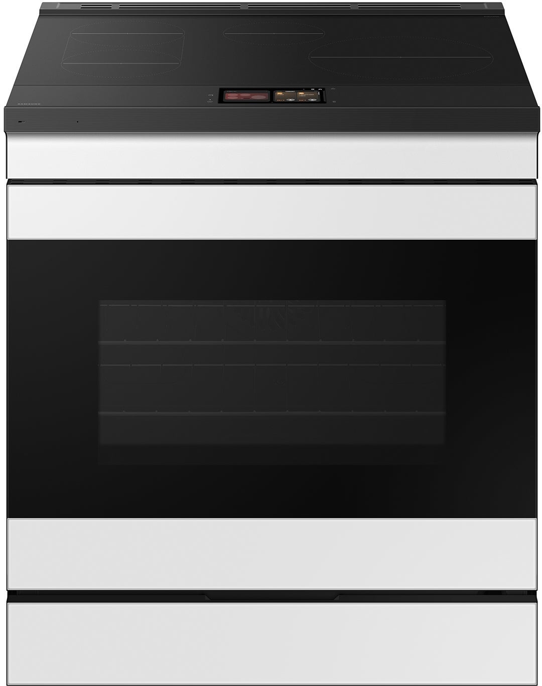 Samsung 30 Inch Slide-In Induction Smart Range with 4 Elements, 6.3 cu. ft. Convection+ Oven, Sync Burner, Storage Drawer, Air Fry, Sabbath Mode, Self & Steam Clean, ADA Compliant, and ENERGY STAR®: White Glass