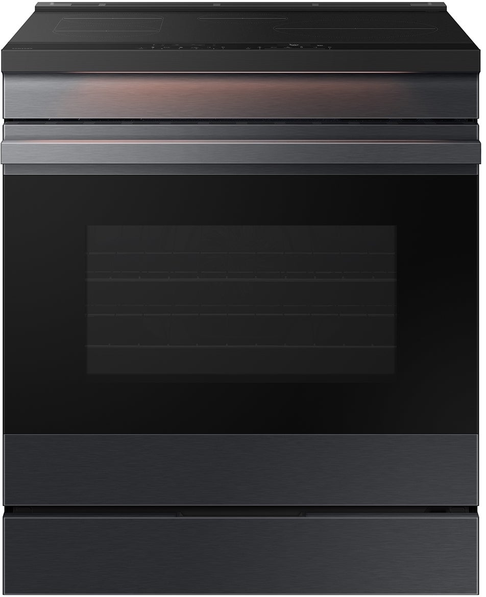 Samsung 30 Inch Smart Slide-In Induction Range with 4 Elements, 6.3 Cu. Ft. Oven Capacity, Oven Camera, Air Fry, Convection+, Ambient Edge Lighting™, Self & Steam Clean, Sabbath Mode, ADA Compliant and ENERGY STAR® Certified: Matte Black Steel