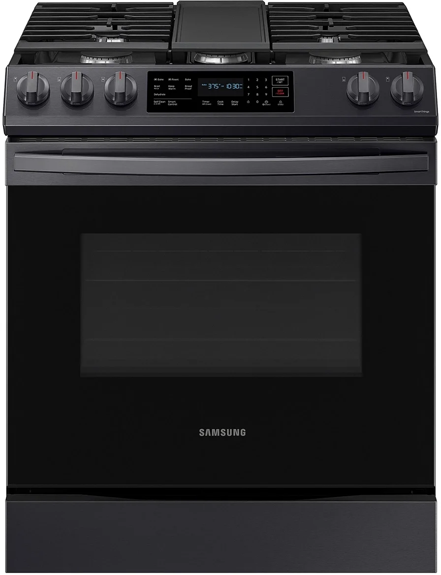 Samsung NX60T8311SG 30 Inch Fingerprint Resistant Black Stainless Steel Slide-in Gas Convection Range