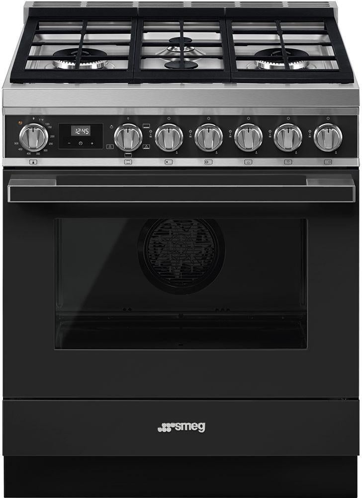 Smeg Portofino 30" Pro-Style Matte Black Natural Gas Sealed Burner Range - Convection