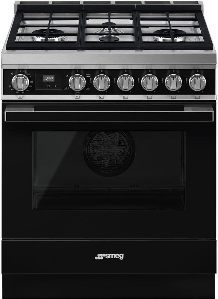 Smeg Portofino 30" Pro-Style Black Natural Gas Sealed Burner Range - Convection